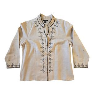 Silkland Women's Jacket Persian 100% Silk Black Floral Embroidery‎ Beige Plus 1X